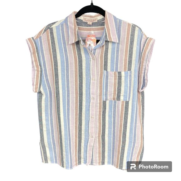 NWT! Women's COASTAL COMFORT Linen-blend Pastel Stripe Button Down Shirt- SIZE S - Picture 1 of 12